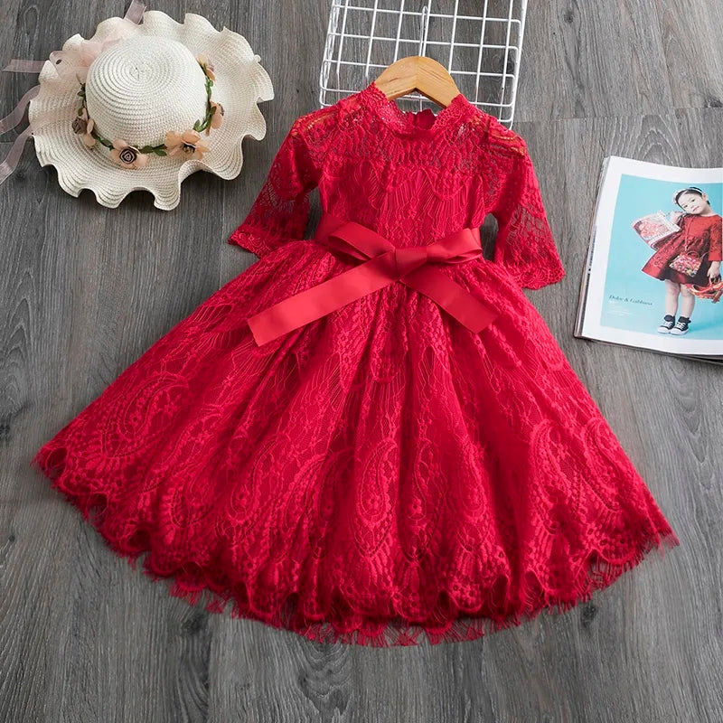 Vestido rojo encaje con manga tres cuartos