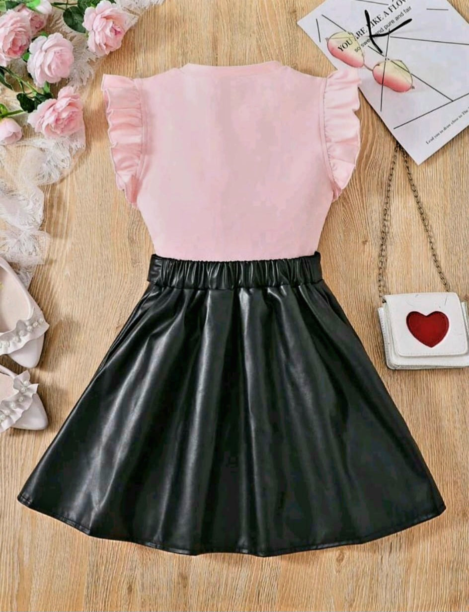 Heart blouse and black leather skirt