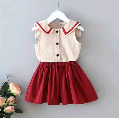 Sailor beige blouse and wine red skirt