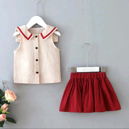 Sailor beige blouse and wine red skirt