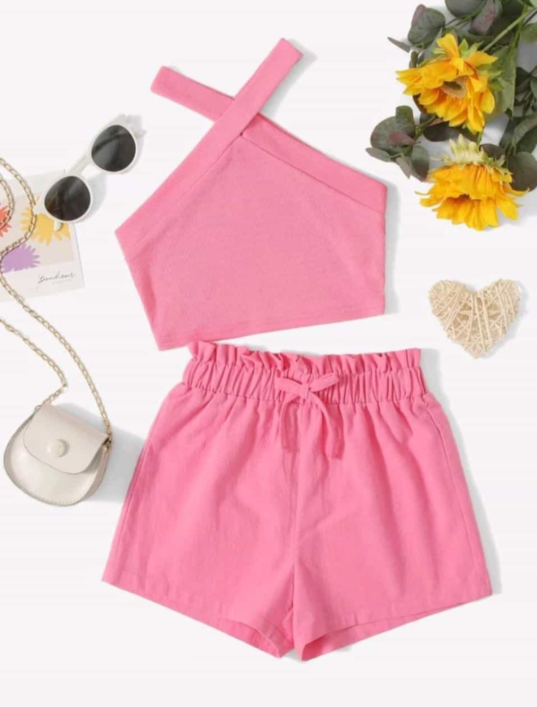 Top halter y short liso rosado