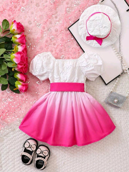 Vestido rosado con blanco con sombrero