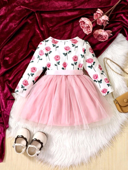 Vestido tutu rosado floreado manga larga