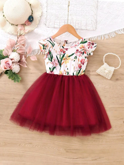 Vestido floreado con tutu rojo vino