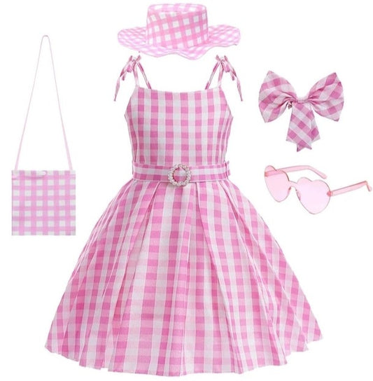 Vestido Barbie rosado cuadros full accessorios