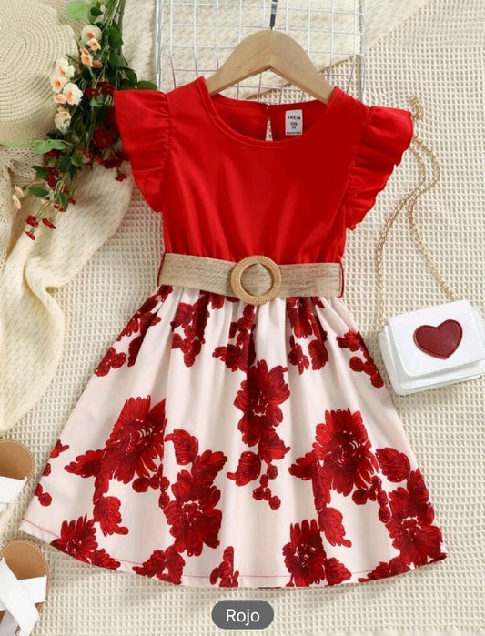 Vestido rojo con falda beige floreada y fajita