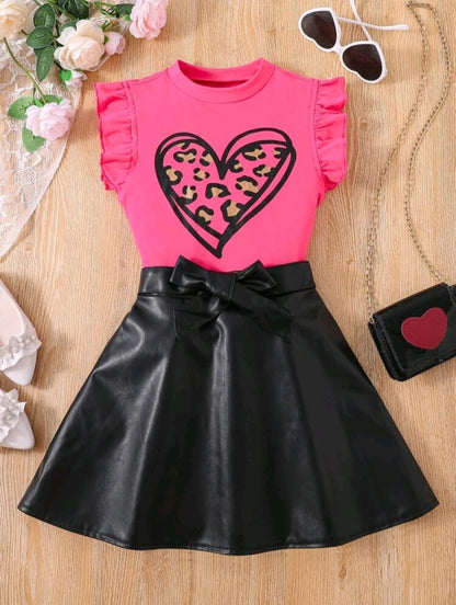 Heart blouse and black leather skirt